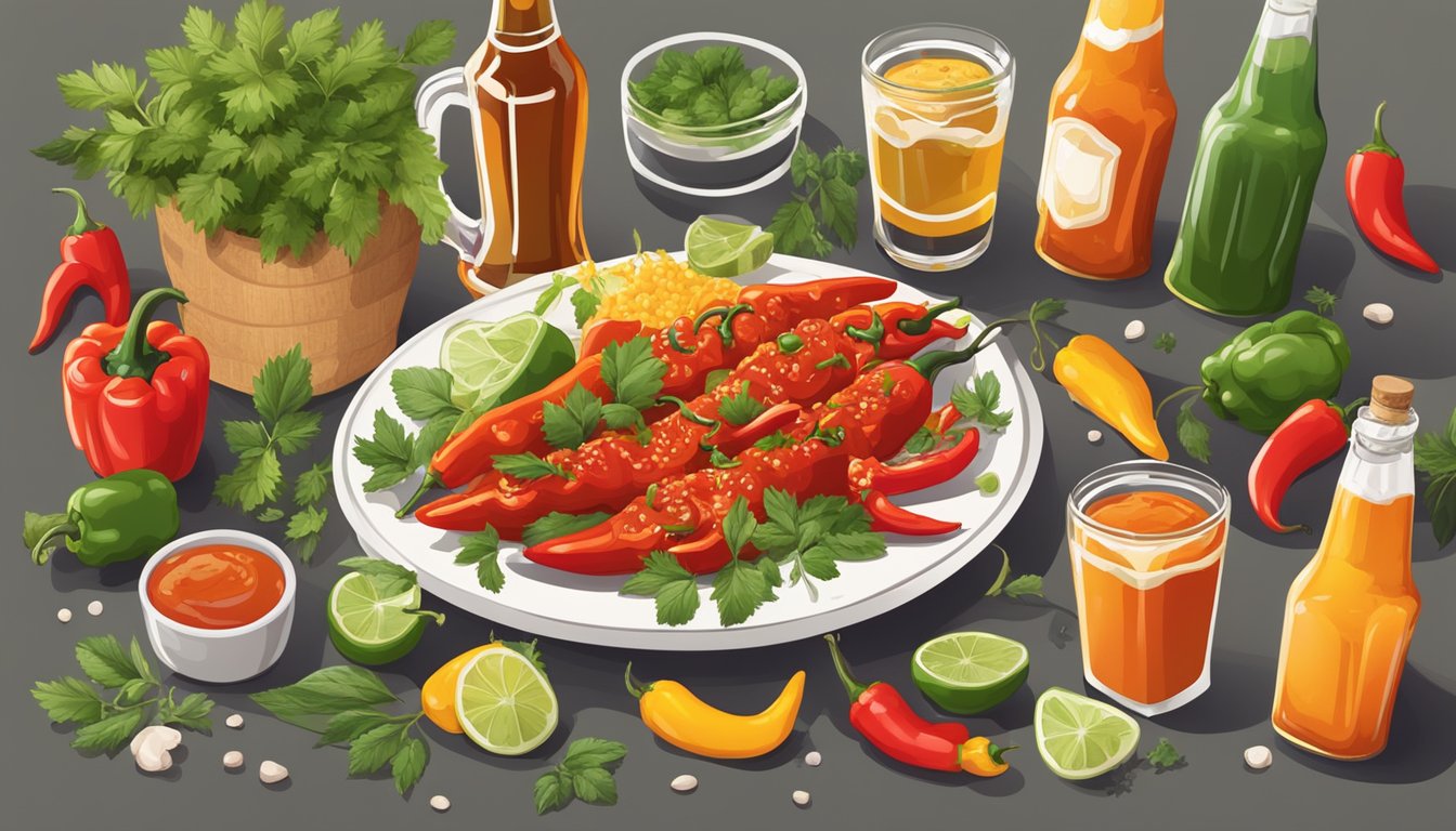 A table set with bottles of hot sauce and glasses of beer, surrounded by fresh ingredients like peppers and herbs