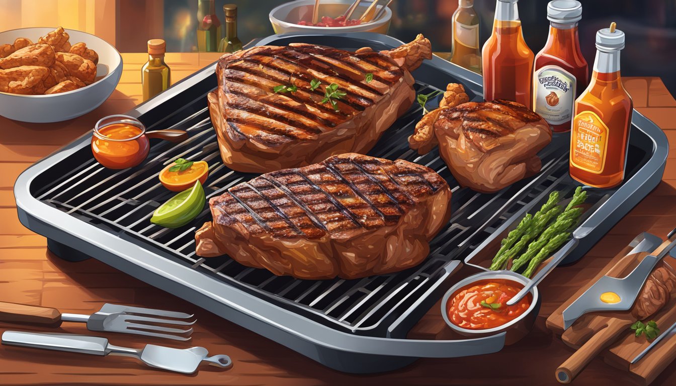 A sizzling grill with steaks and chicken, surrounded by bottles of Crystal Hot Sauce and BBQ tools