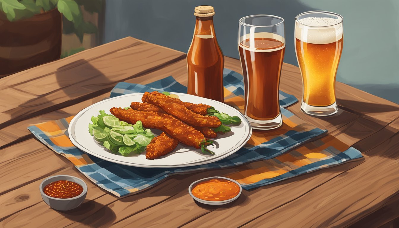 A bottle of Tapatío hot sauce and a glass of amber ale sit on a wooden table, with a plate of spicy food nearby