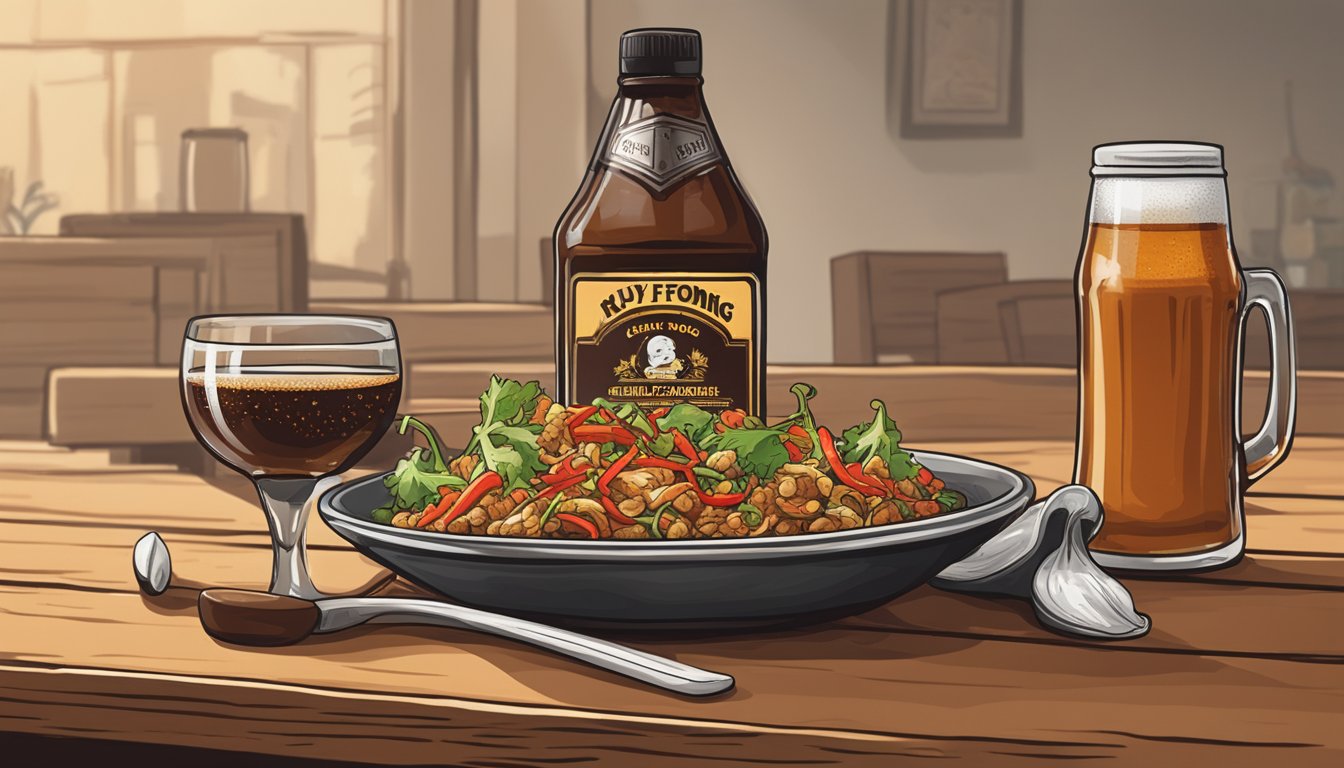 A bottle of Huy Fong Garlic Chili Hot Sauce next to a glass of brown ale on a wooden table