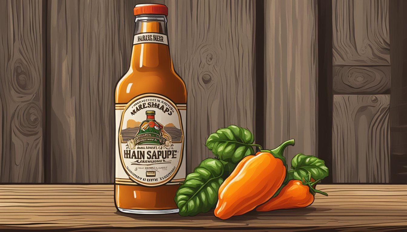 A bottle of Marie Sharp's Habanero and Stout Hot sauce next to a glass of beer on a rustic wooden table