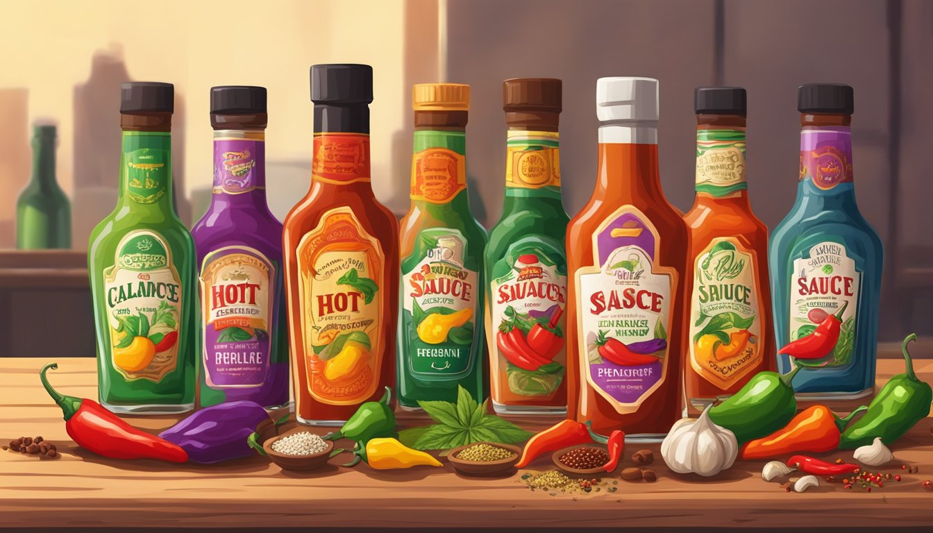 A collection of colorful hot sauce bottles arranged on a wooden table, with various spices and peppers scattered around