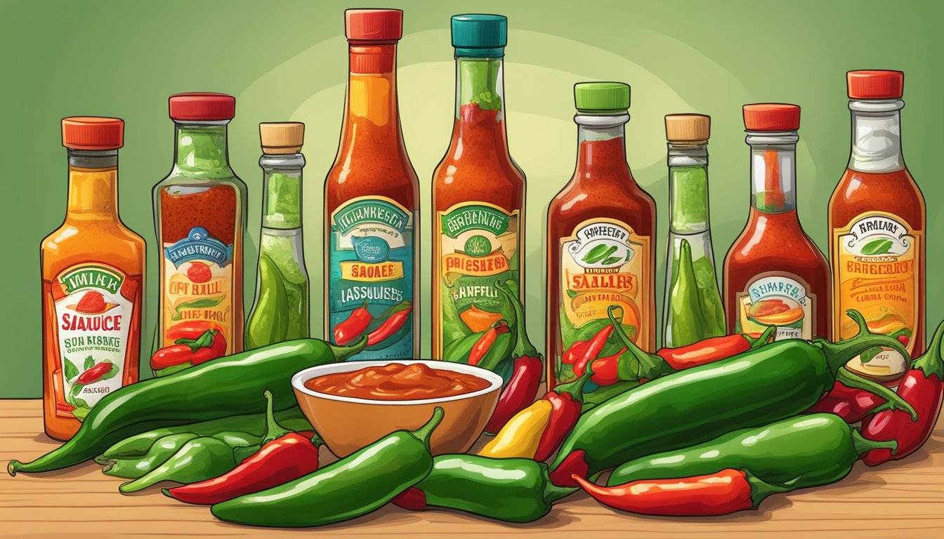 A table set with various bottles of hot sauce, surrounded by fiery red chili peppers and vibrant green jalapenos