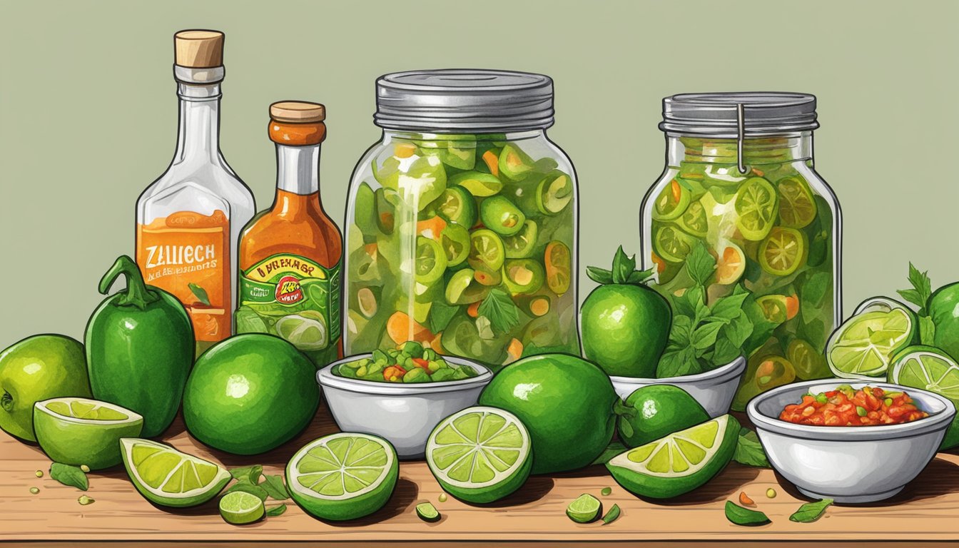 A vibrant scene of jalapeños and limes being chopped and mixed together to create a zesty relish, with various hot sauce ingredients scattered around