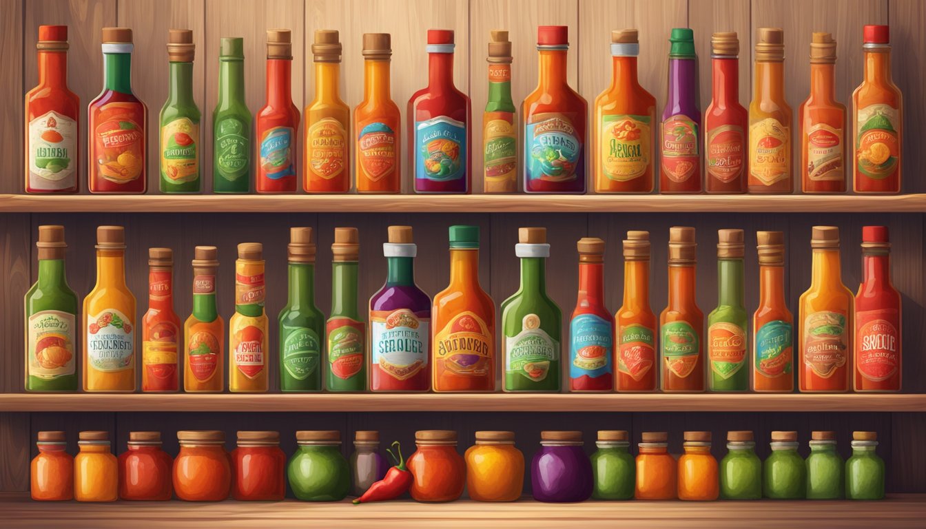 A variety of colorful hot sauce bottles arranged in a neat row on a wooden shelf, with vibrant peppers and spices scattered around them