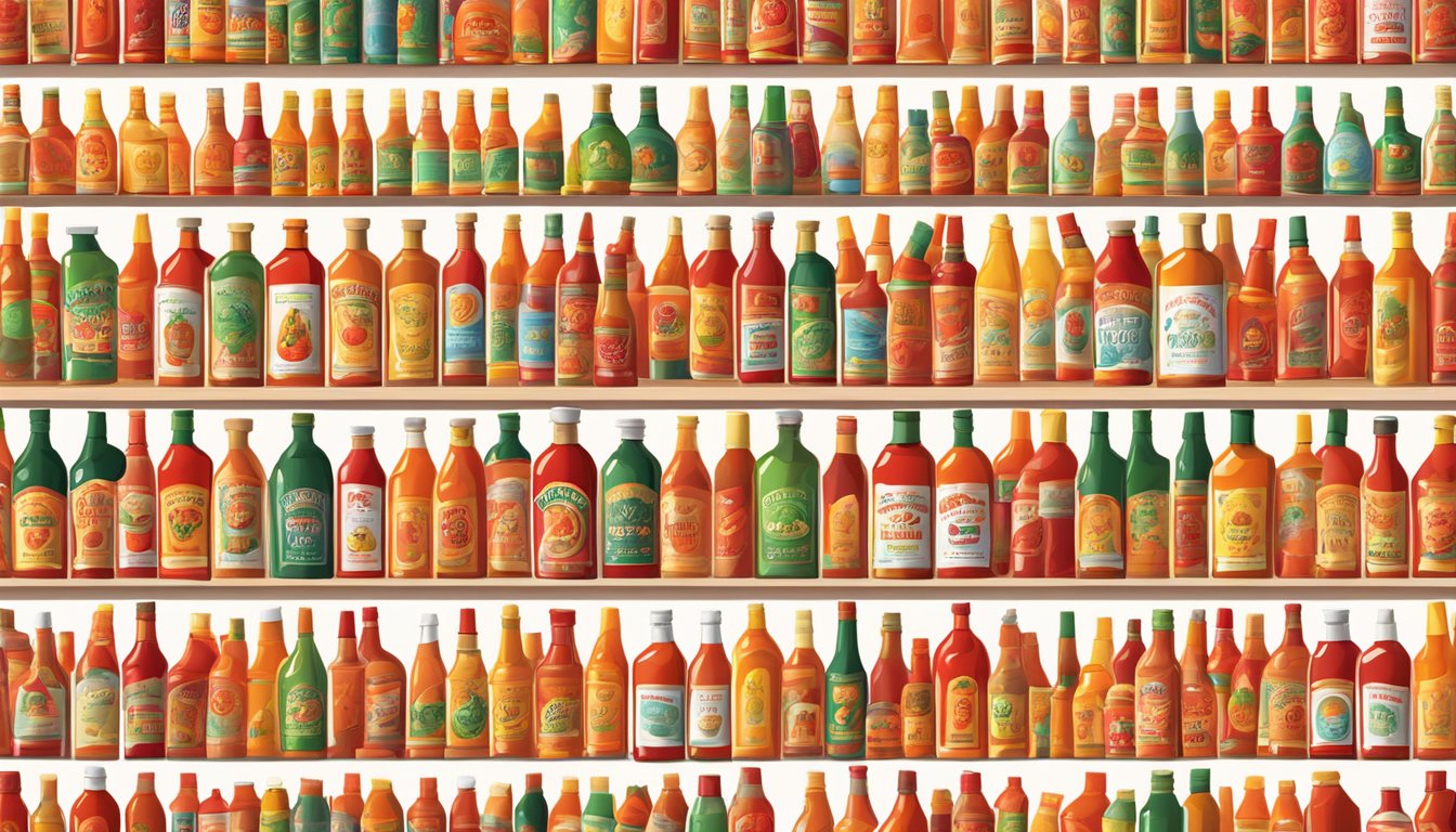 A collection of vibrant hot sauce bottles arranged in a box, with fiery reds and oranges creating a visually striking display