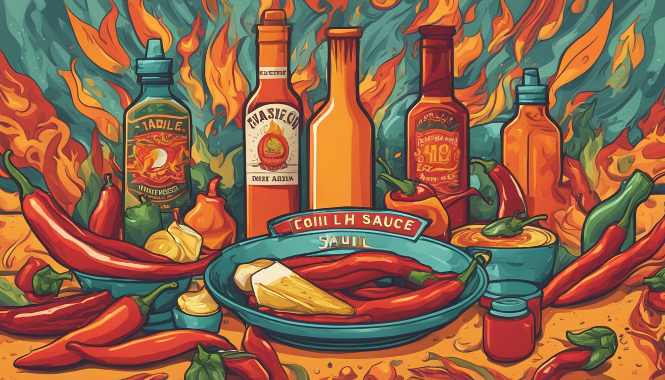 A table with various hot sauce bottles and a flaming chili pepper, surrounded by fiery colors and bold typography