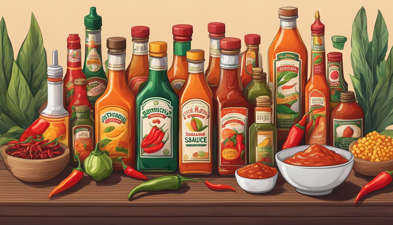 A table with various bottles of hot sauce arranged in a neat display, surrounded by chili peppers and other spicy ingredients