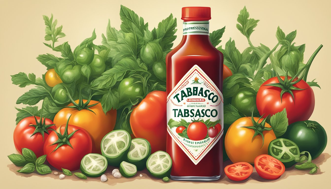 A bottle of Tabasco hot sauce surrounded by fresh tomatoes and other ingredients for making a spicy tomato relish