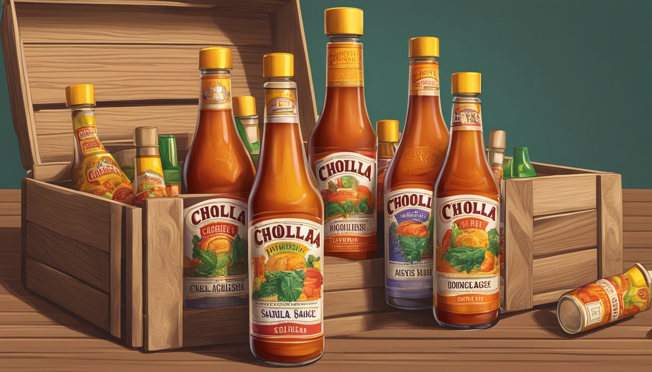 A wooden crate filled with Cholula hot sauce bottles and collectibles