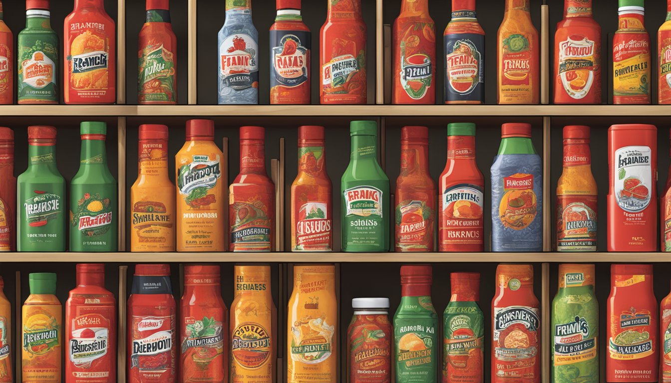 A display of Frank's RedHot Special Edition Tin hot sauce collectibles arranged on a shelf with various designs and packaging