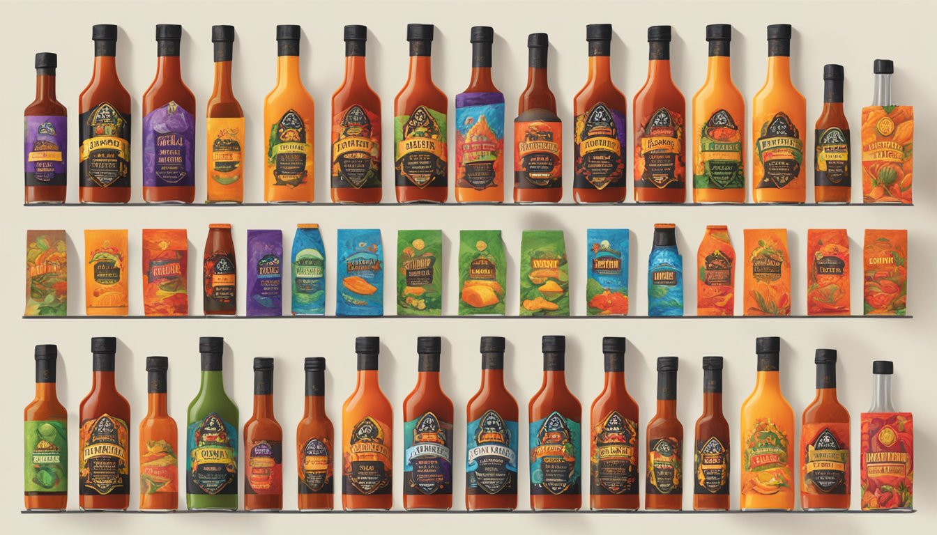 A display shelf holds 16 bottles of Blair's 16 Million Reserve Hot sauce, each adorned with a fiery label and arranged in a neat row