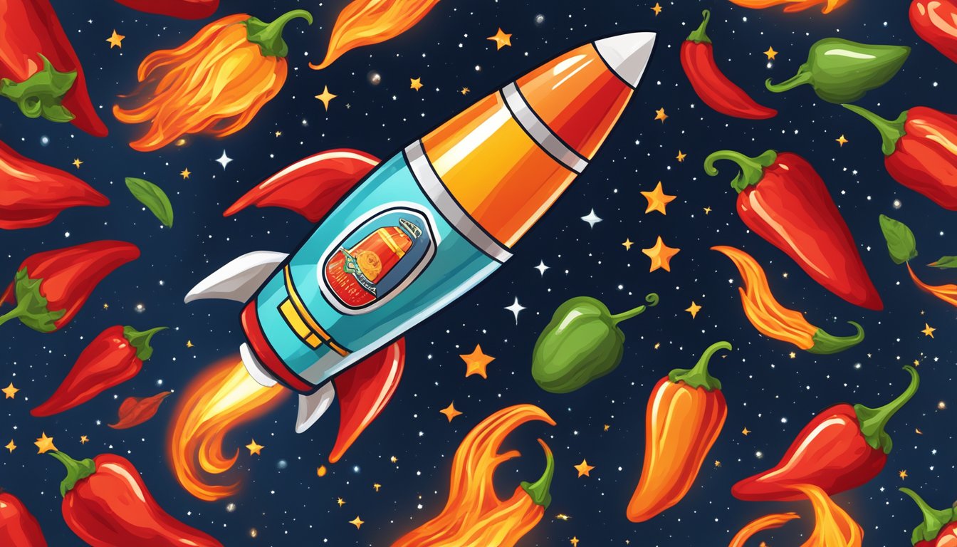 A rocket-shaped hot sauce bottle soaring through space surrounded by fiery ghost peppers