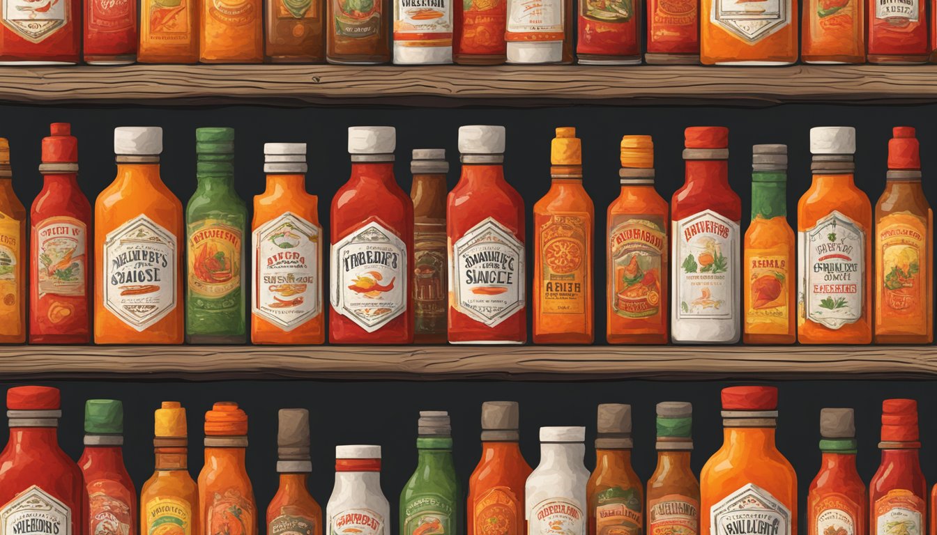 A display of Melinda's Ghost Pepper Collectible Hot sauce bottles on a rustic wooden shelf, with a fiery red and orange color scheme