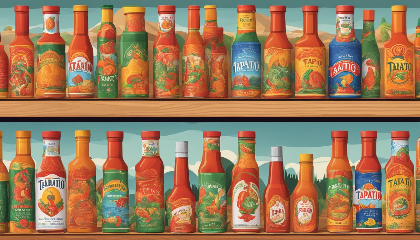 A display of Tapatio hot sauce bottles arranged on a shelf with vibrant packaging and unique collector's edition designs