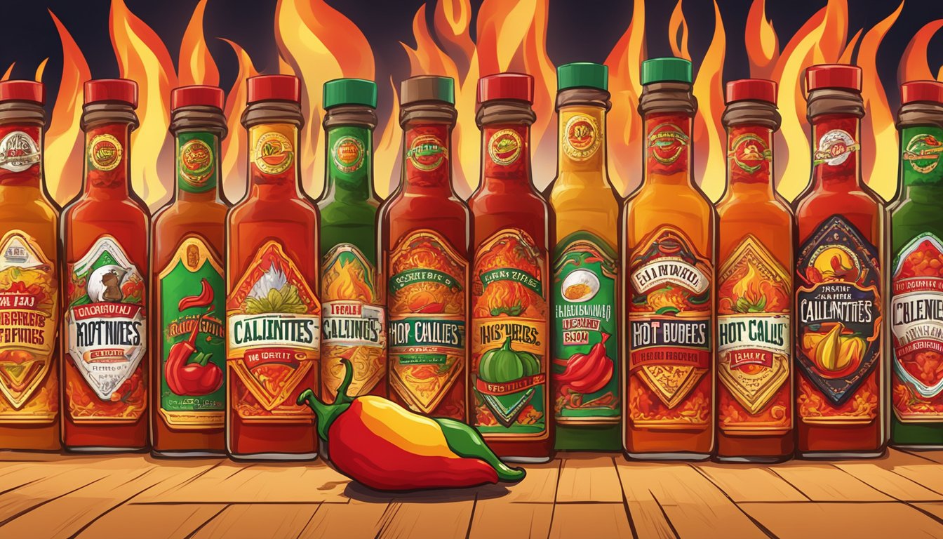 A table with 10 bottles of Hot Ones' Los Calientes Rojo and other hot sauces arranged in a line, with flames and chili peppers in the background