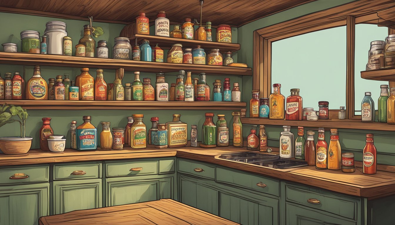 A vintage-style kitchen counter with shelves displaying a variety of GatorSauce hot sauce bottles and collectibles