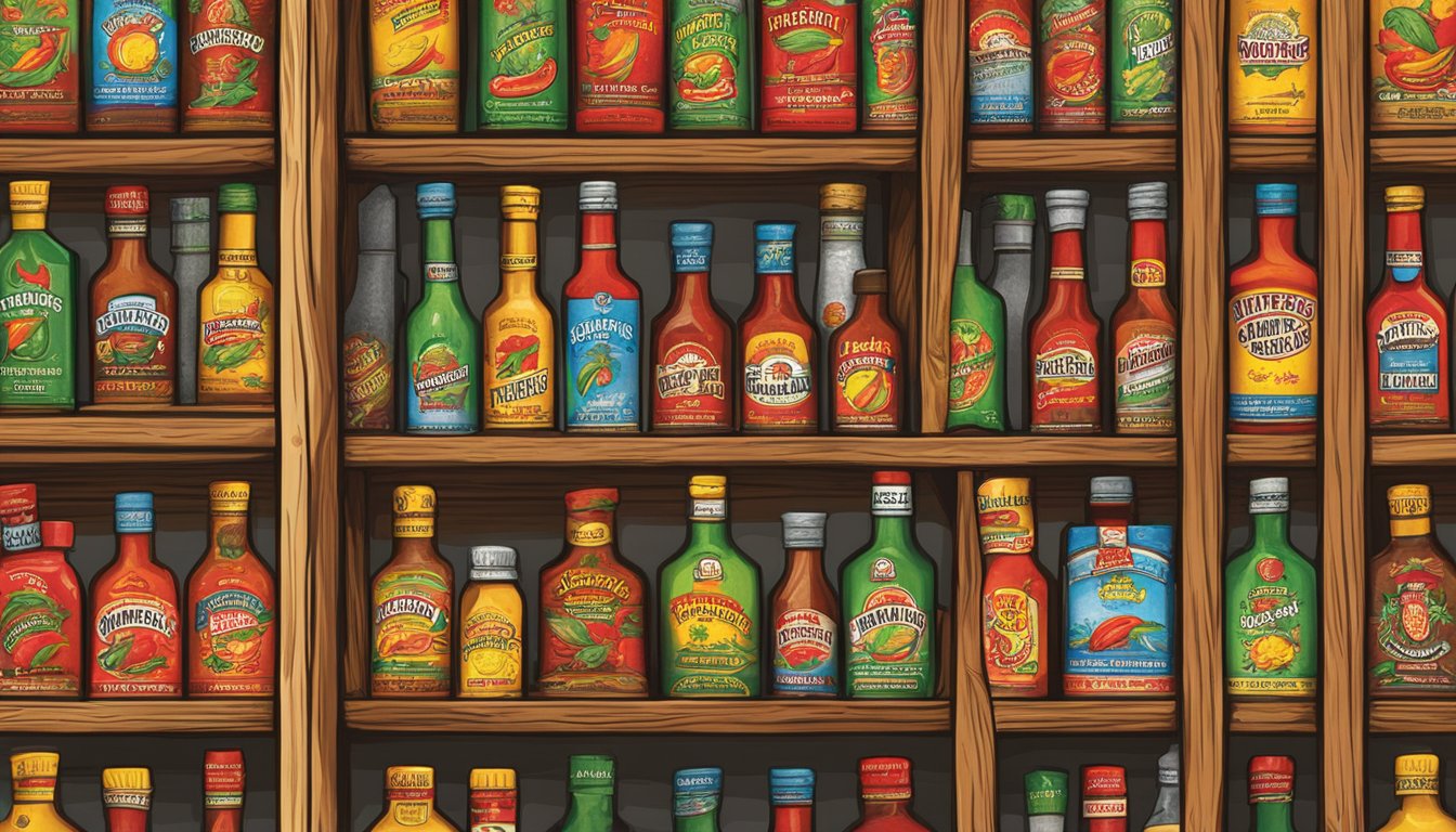 A wooden display case holds a variety of El Yucateco hot sauce bottles, surrounded by chili peppers and adorned with the brand's logo