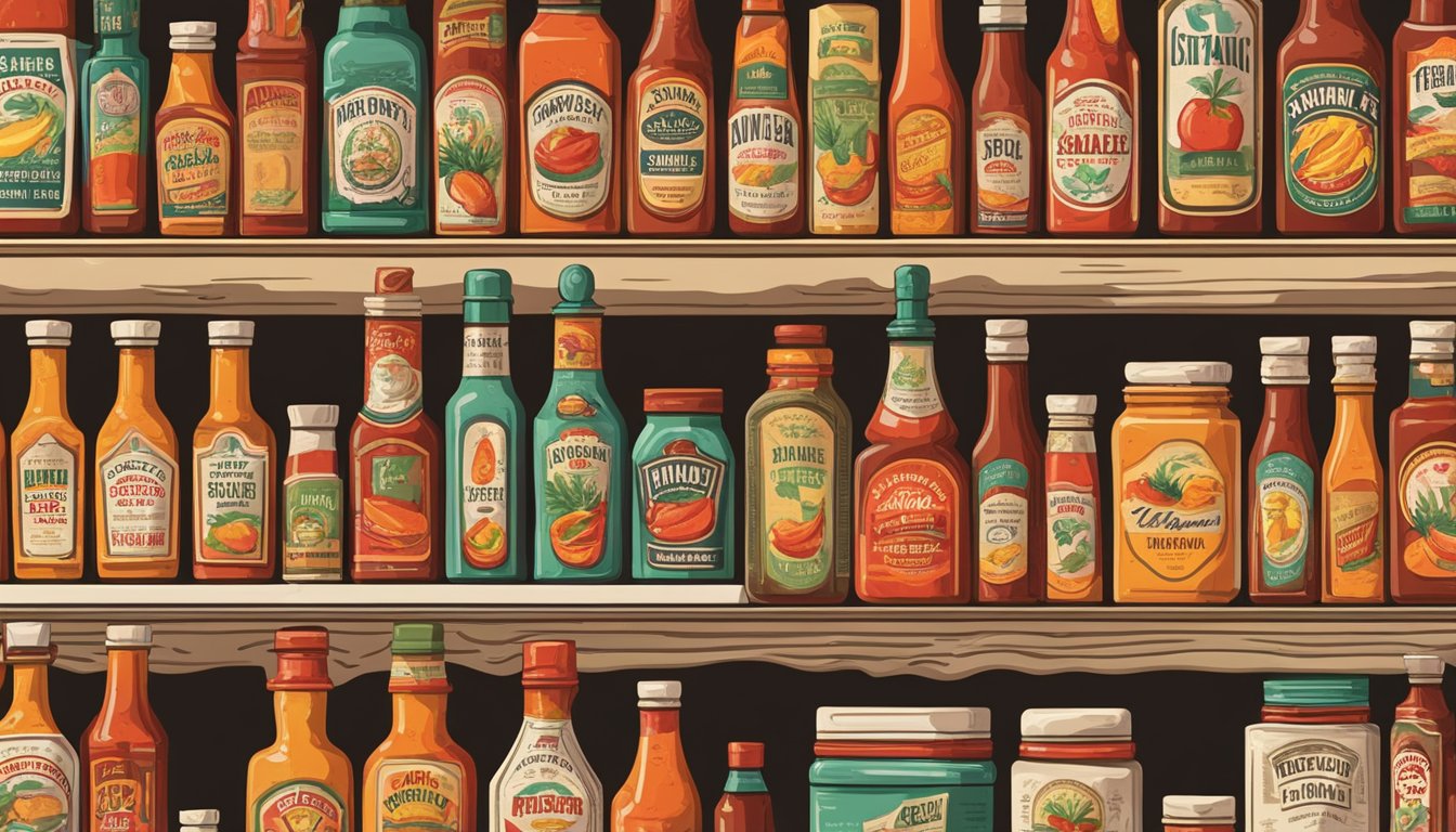 A display of vintage hot sauce bottles and memorabilia, including posters, labels, and advertisements, arranged on a shelf in a retro-themed kitchen