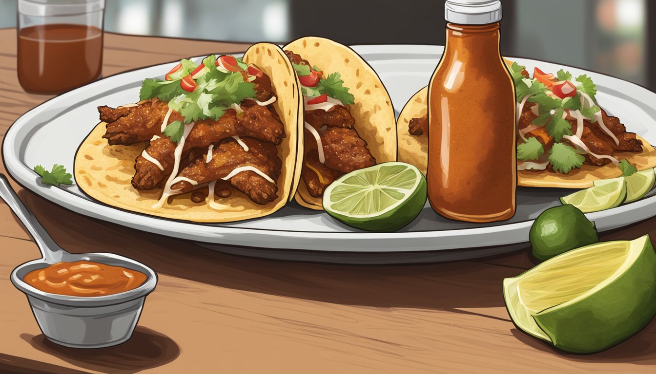 A bottle of Chipotle hot sauce next to a plate of Tacos al Pastor, with a drizzle of sauce on the tacos