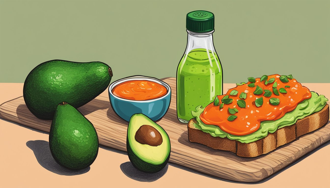 A slice of avocado toast topped with a dollop of Sriracha hot sauce, surrounded by a few whole avocados and a bottle of Sriracha