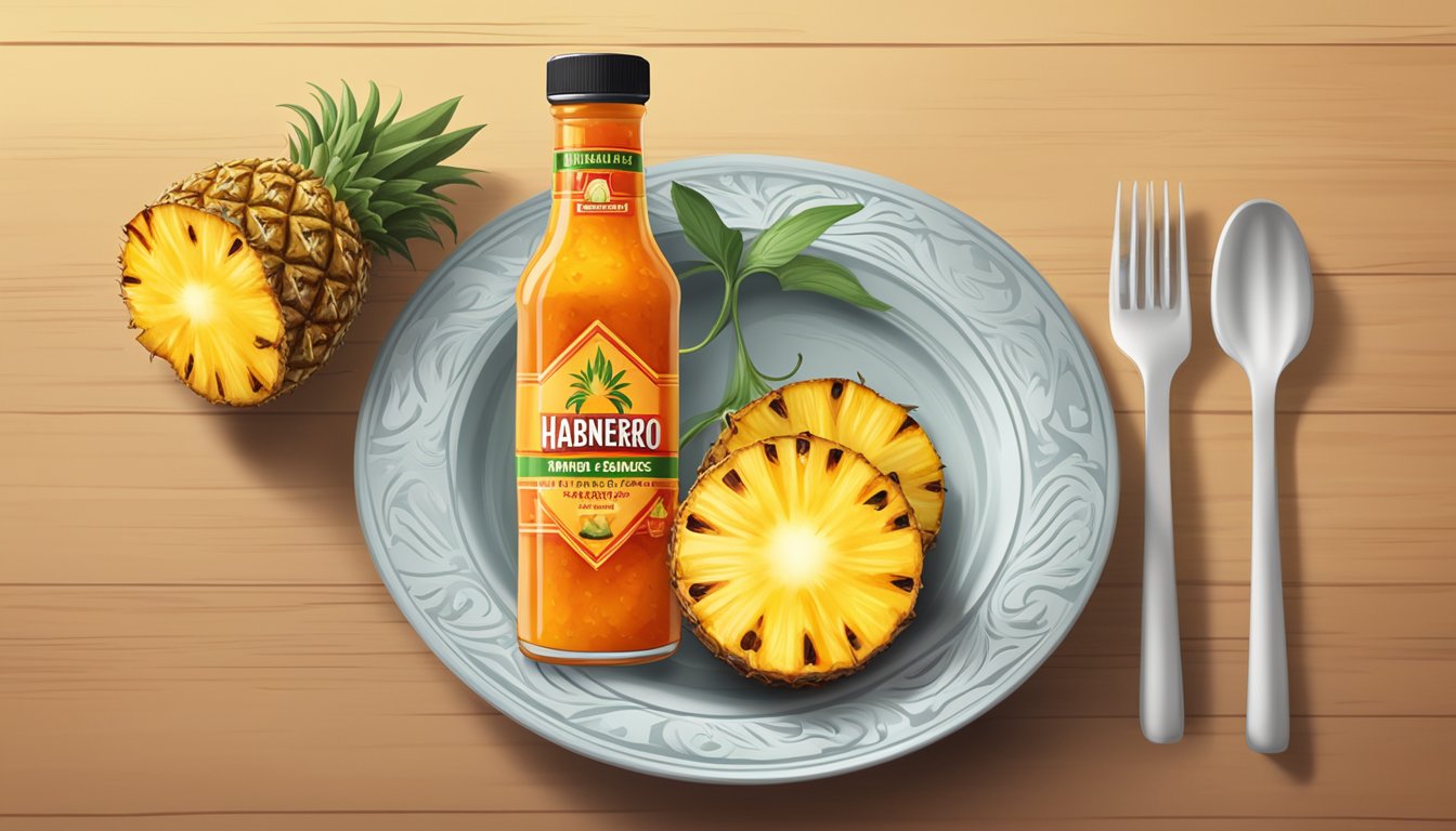 A bottle of habanero hot sauce next to a plate of grilled pineapple, with flames in the background