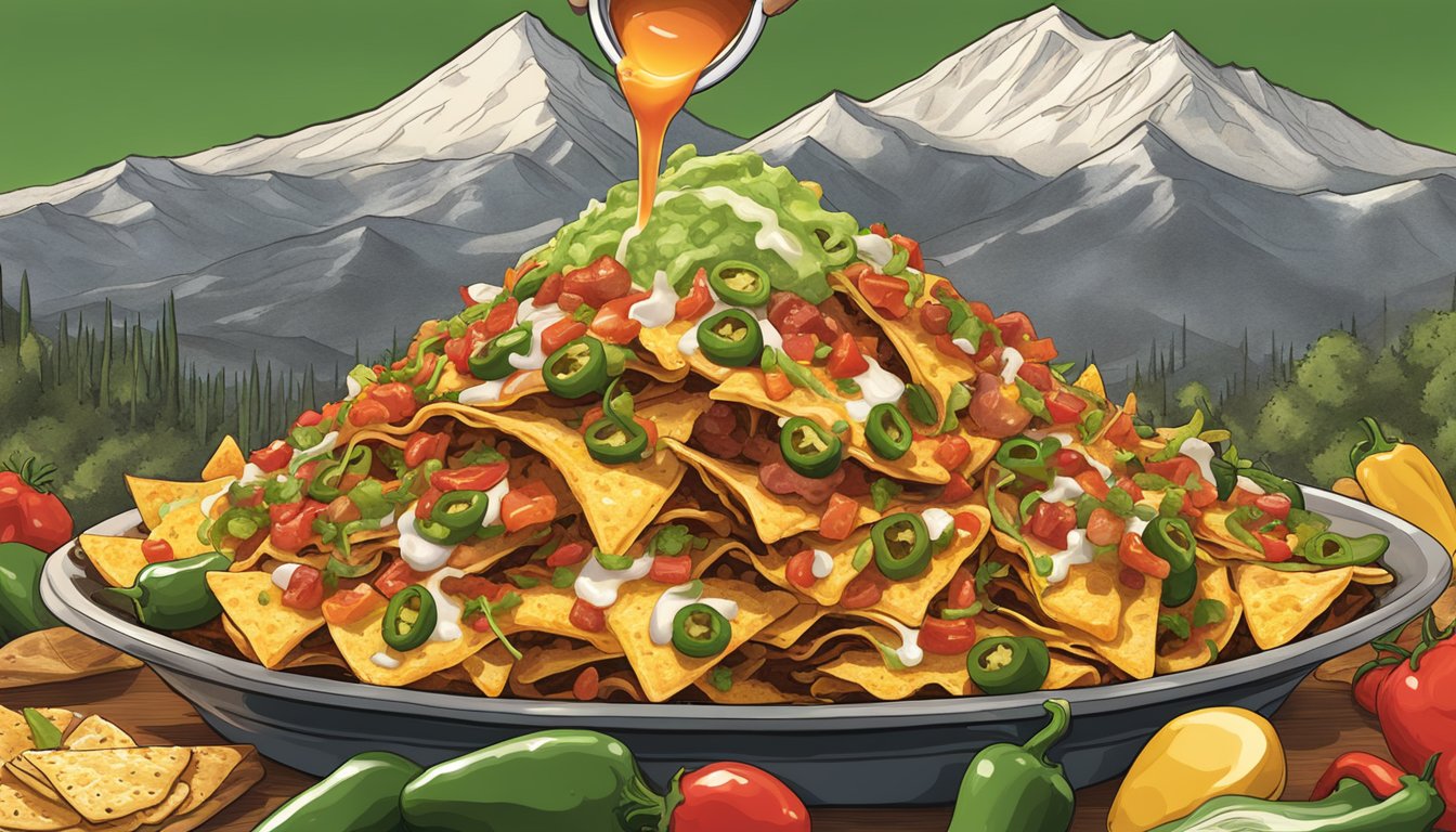 A dollop of jalapeño hot sauce drizzles over a mountain of loaded nachos, adding a fiery kick to the savory dish