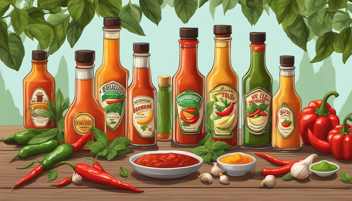 A variety of hot sauce bottles arranged on a wooden table, surrounded by fresh chili peppers, garlic cloves, and herbs