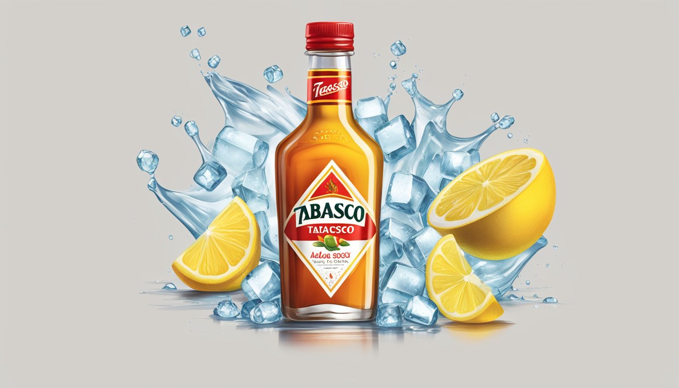 A glass filled with a golden liquid, ice cubes, and a splash of hot sauce on top, surrounded by a bottle of Tabasco and a lemon wedge