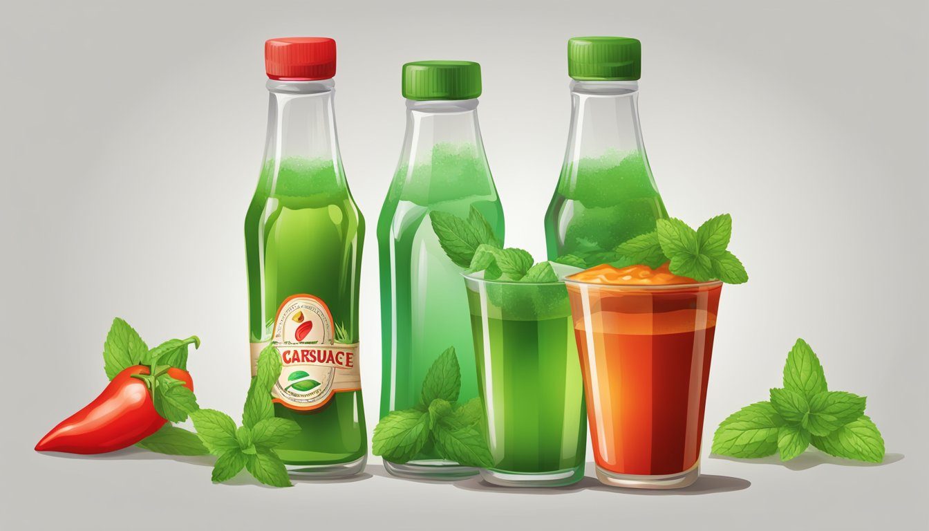 A tall glass filled with a vibrant green liquid, garnished with fresh mint leaves and a red hot pepper. A bottle of hot sauce sits nearby