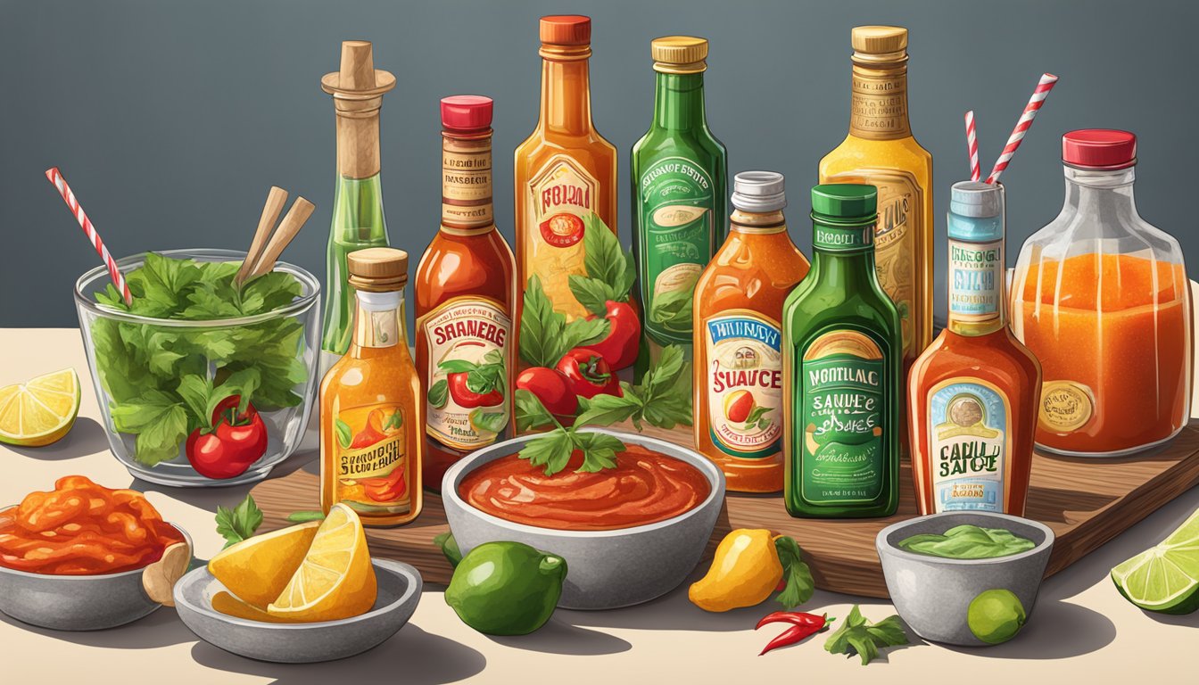 A table with various hot sauce bottles and cocktail ingredients