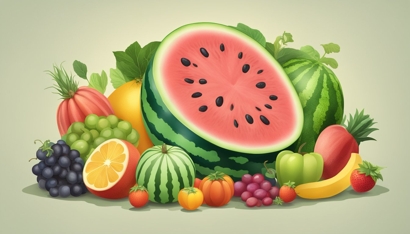 A ripe watermelon surrounded by a variety of fruits and vegetables, with a nutrition label and a question mark next to it