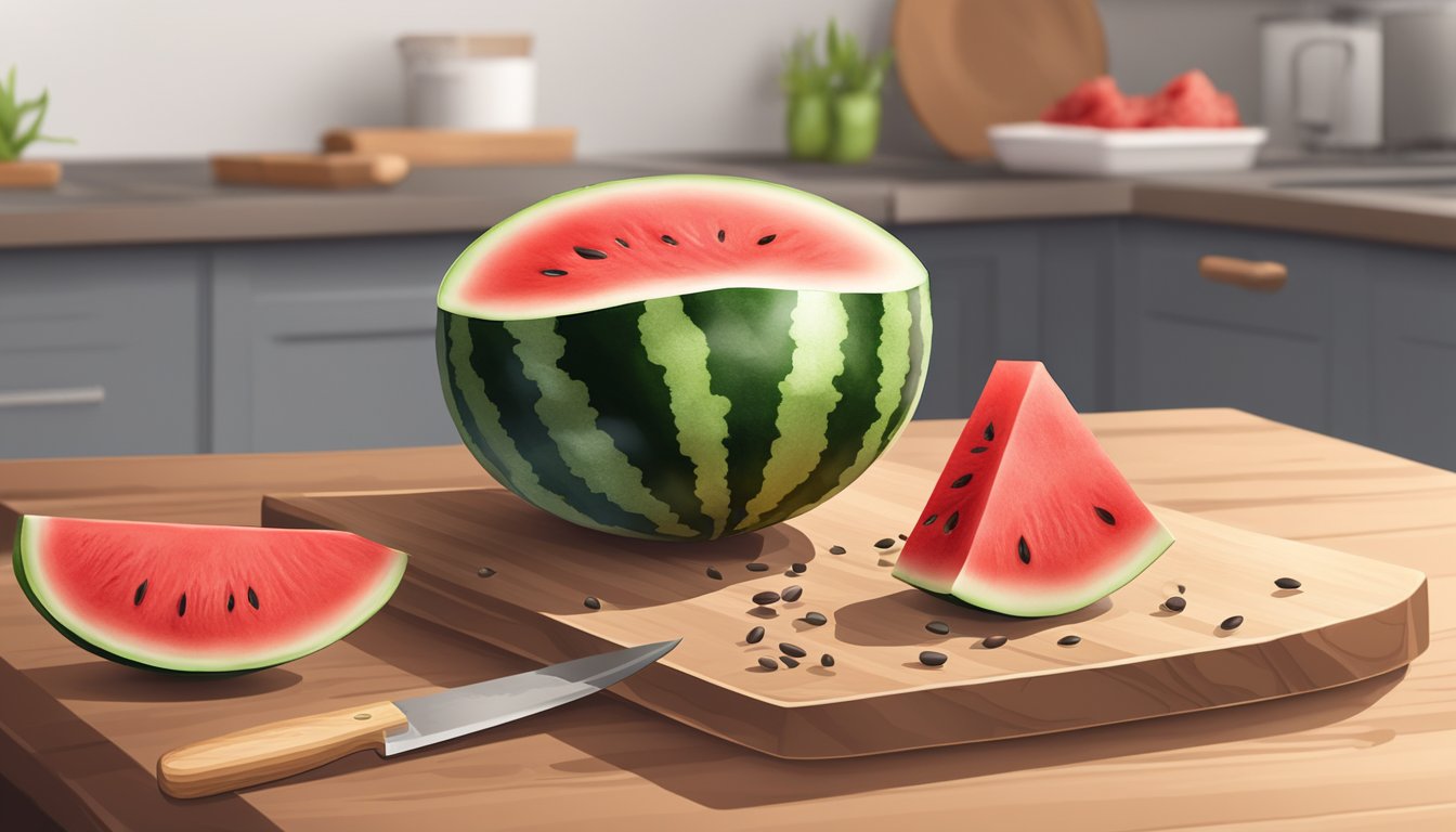 A ripe watermelon sitting on a wooden cutting board, surrounded by scattered seeds and a knife. A slice of watermelon with red flesh is placed on a plate