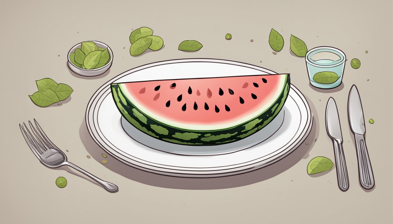 A watermelon slice sits on a plate, surrounded by a few scattered seeds. A digestive system diagram is nearby, with a question mark over the stomach