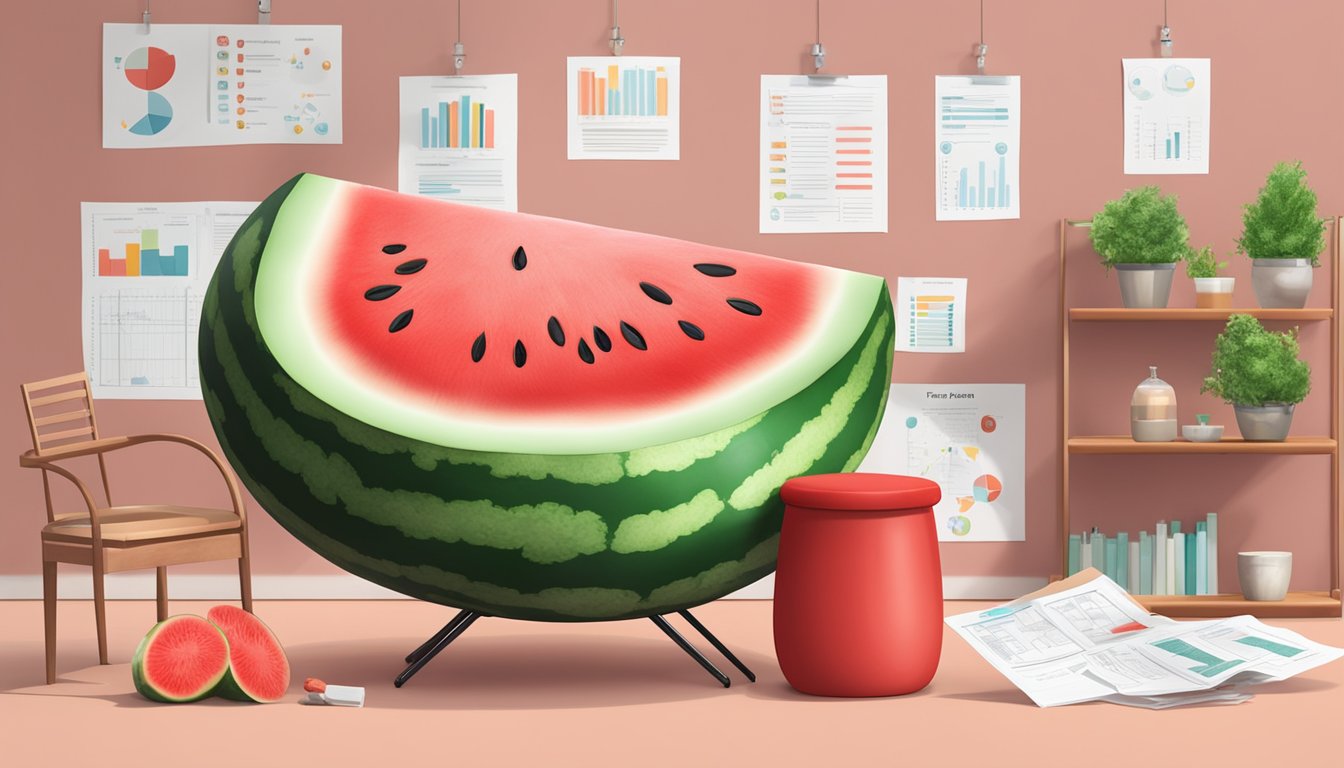 A watermelon slice surrounded by red stool, with medical charts in the background