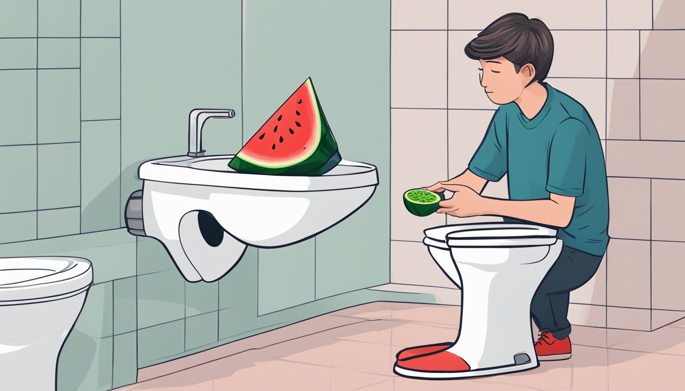 A person looking at a toilet bowl with red poop after eating watermelon