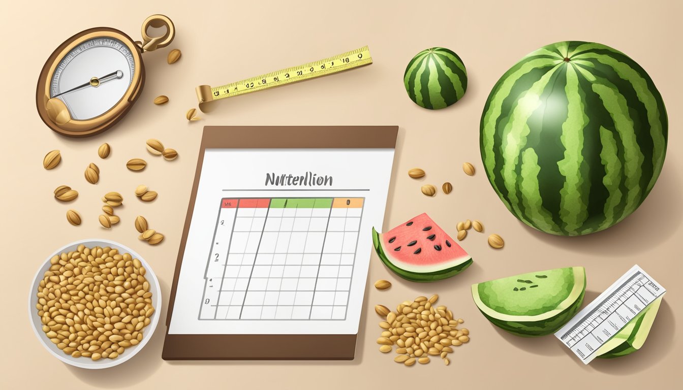 A pile of watermelon seeds next to a measuring scale and a nutrition chart