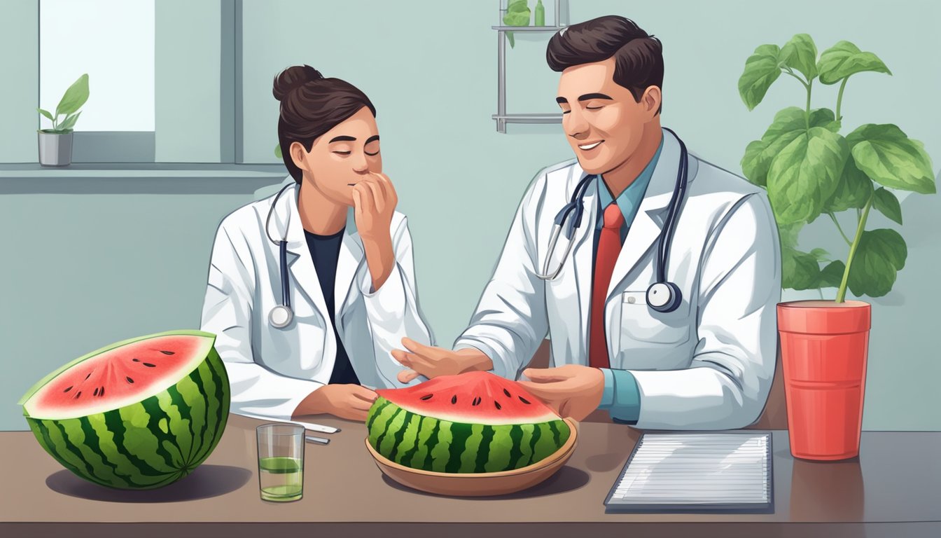 A person eating watermelon, with a red stool and a doctor providing guidance on prevention and management