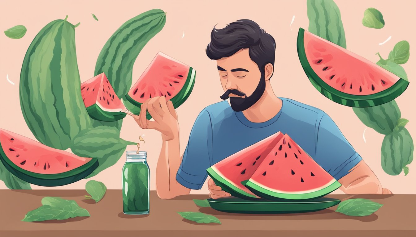 A person eating watermelon, then experiencing stomach discomfort