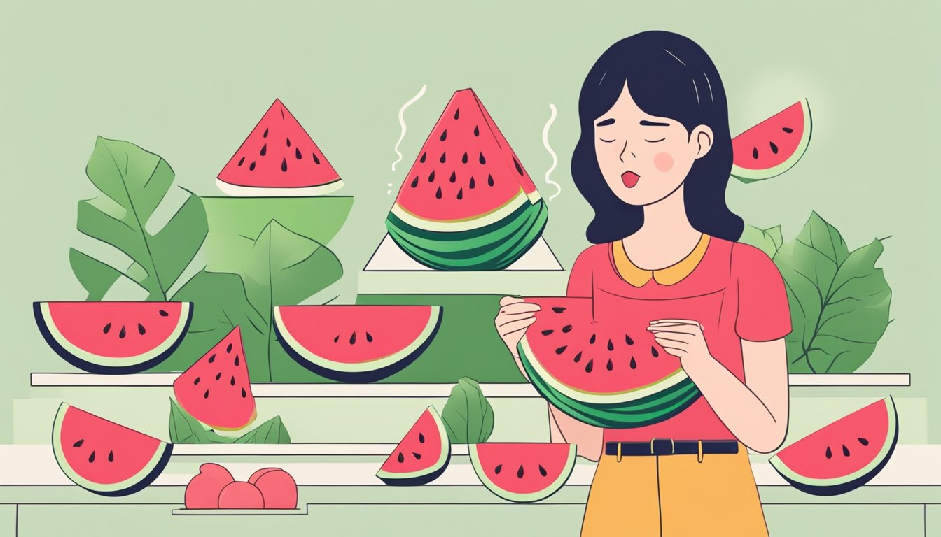 A person eating watermelon in moderation, with a question mark and a stomachache