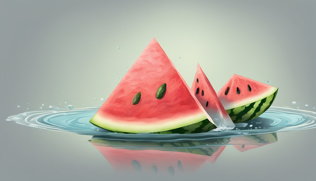 A watermelon slice surrounded by a puddle of water and a crumpled tissue on the side