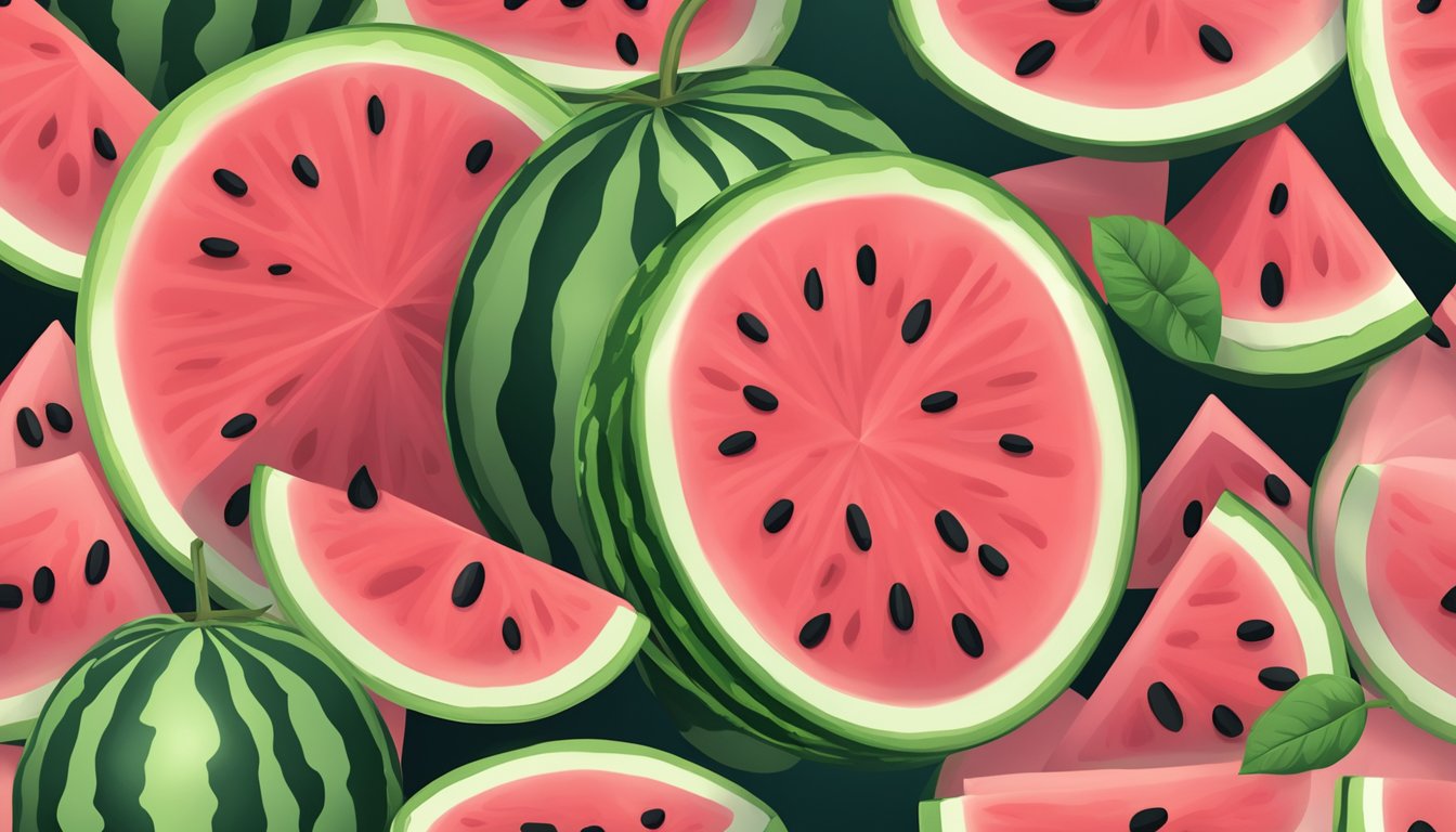 A ripe watermelon with a sliced section revealing its juicy pink flesh, surrounded by scattered seeds and a few green leaves