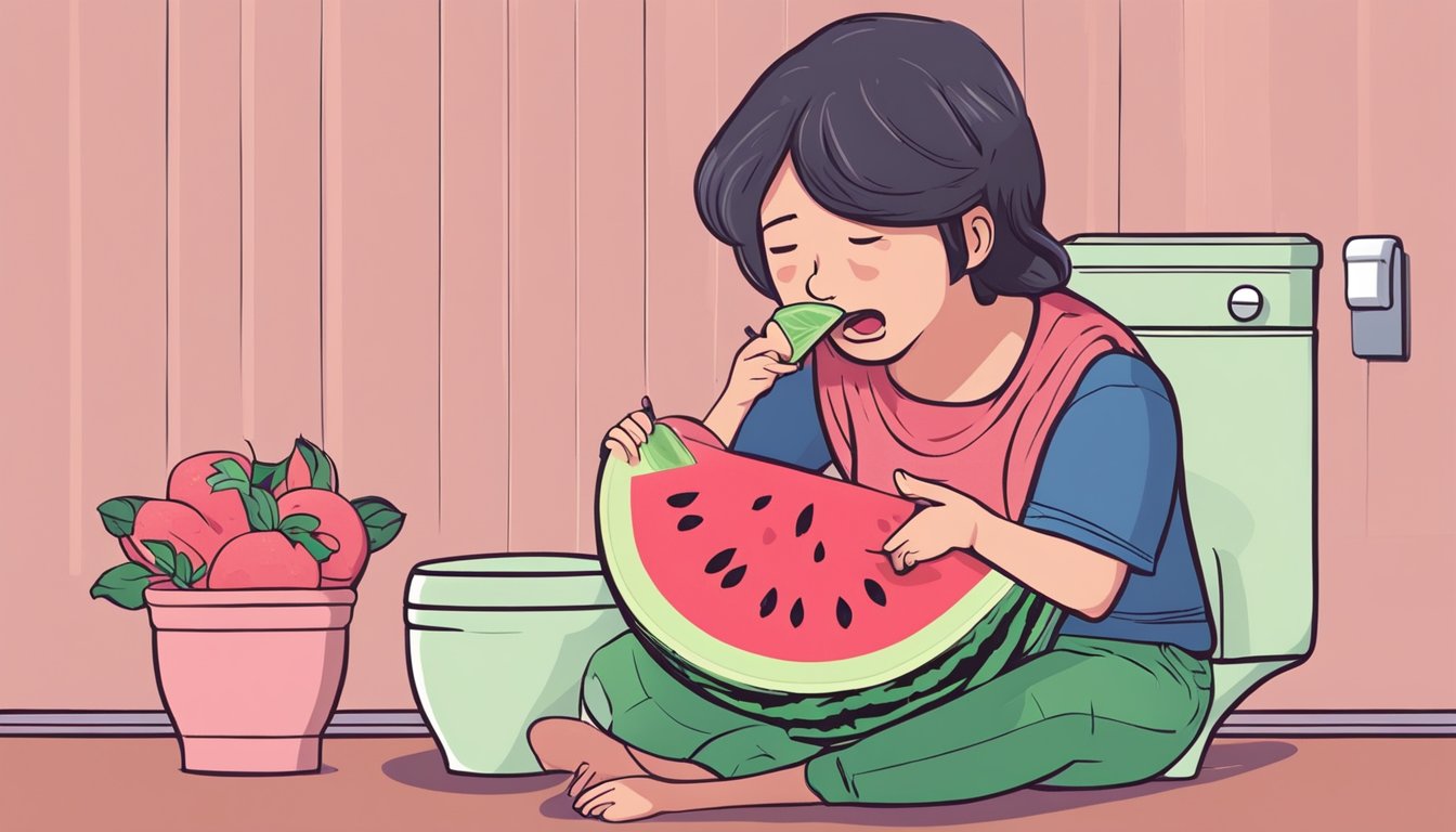 A person eating watermelon and experiencing discomfort, with a toilet nearby