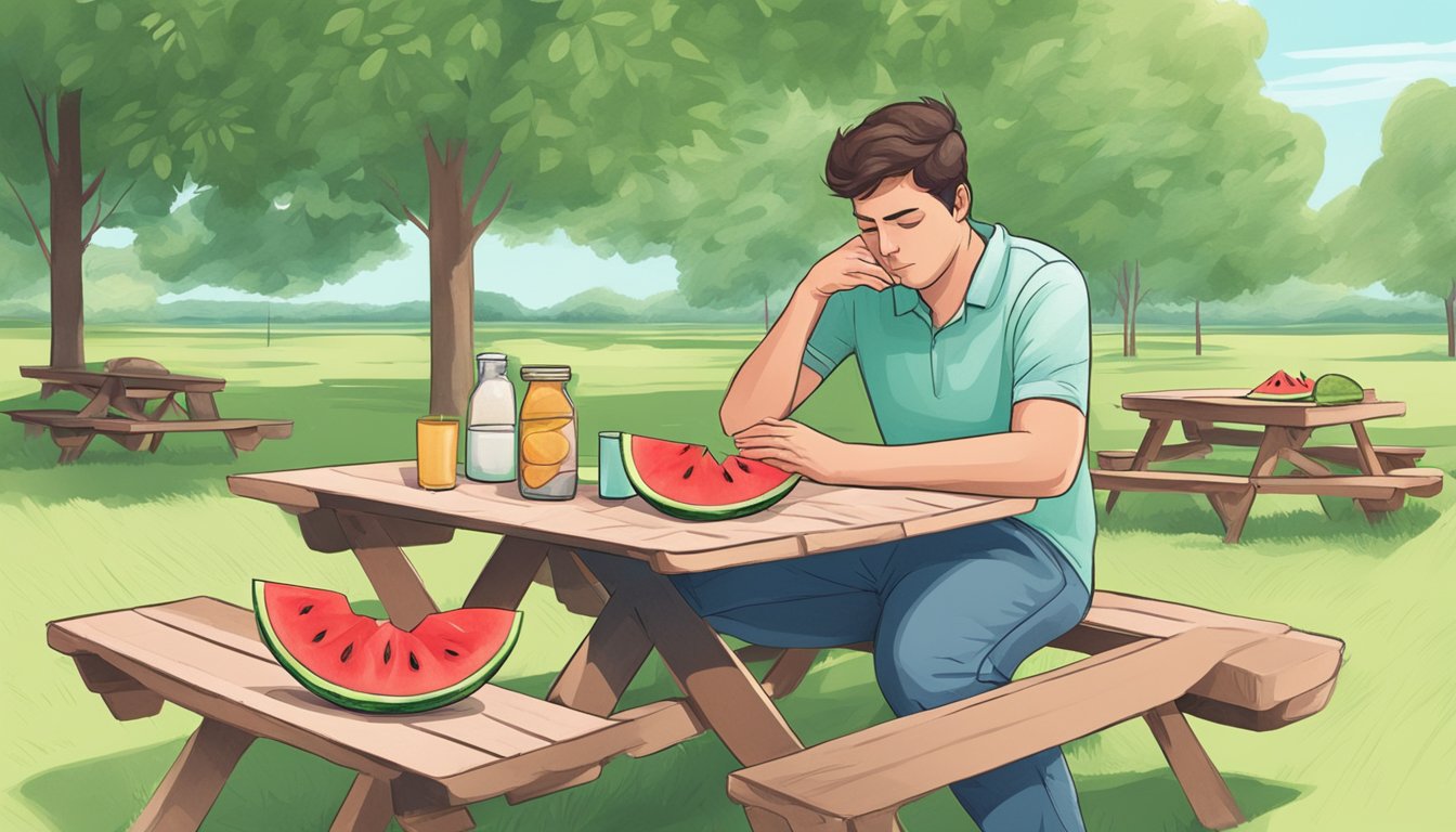 A person sitting at a picnic table, surrounded by watermelon slices and experiencing stomach discomfort