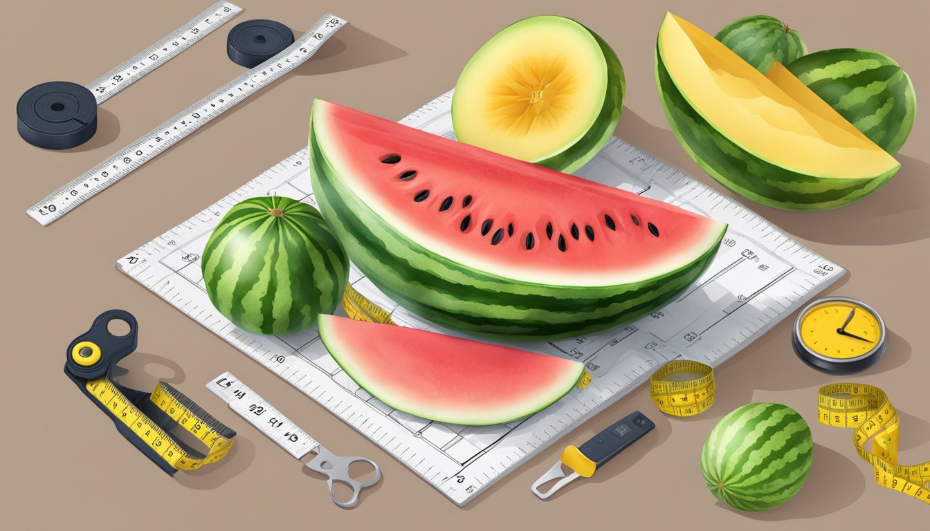 A sliced watermelon surrounded by measuring tape and a scale