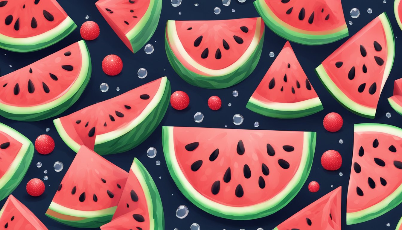 A juicy watermelon sliced into pieces with water droplets glistening on the red flesh