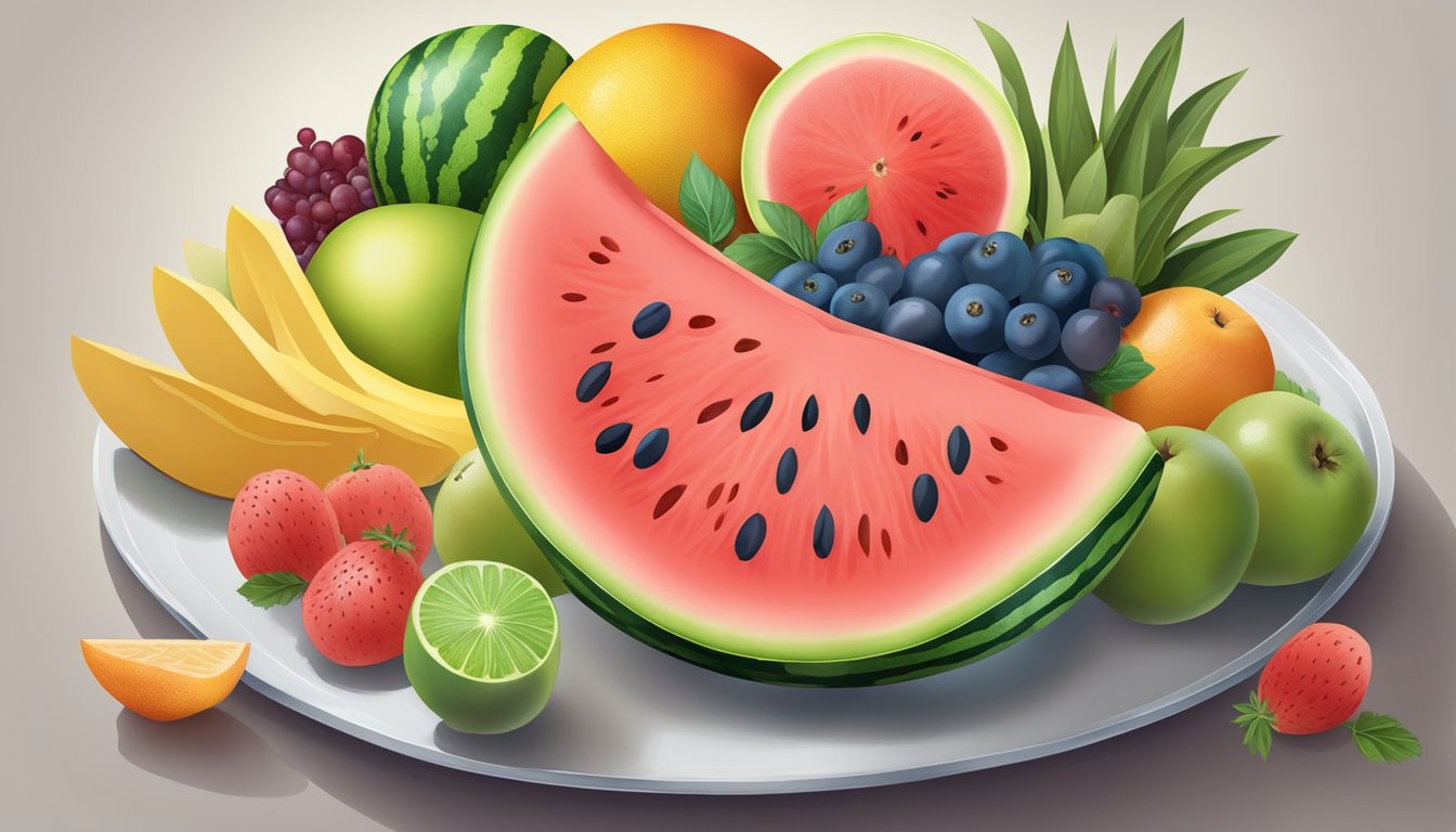 A colorful fruit bowl with a sliced watermelon, surrounded by other fruits and vegetables, on a kitchen table