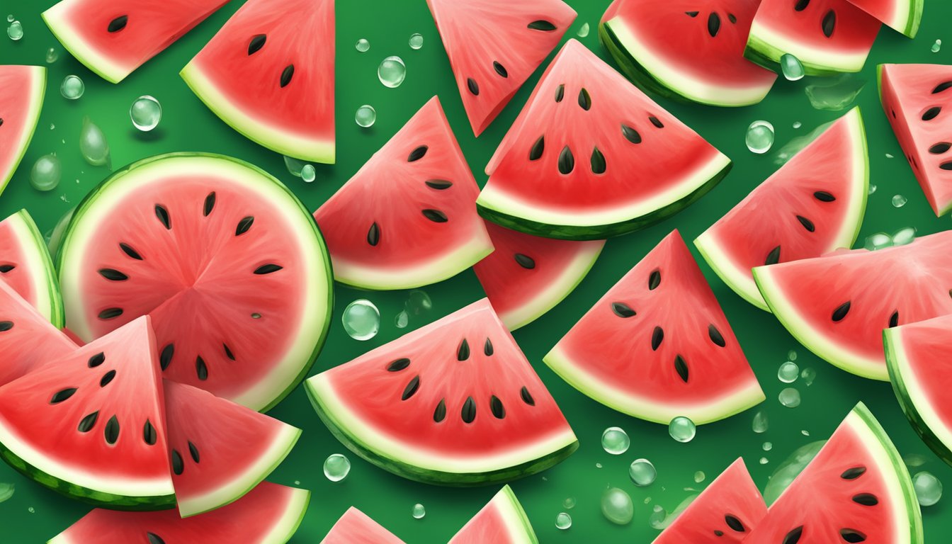 A juicy watermelon sliced into pieces, with water droplets glistening on the red flesh, surrounded by green rind