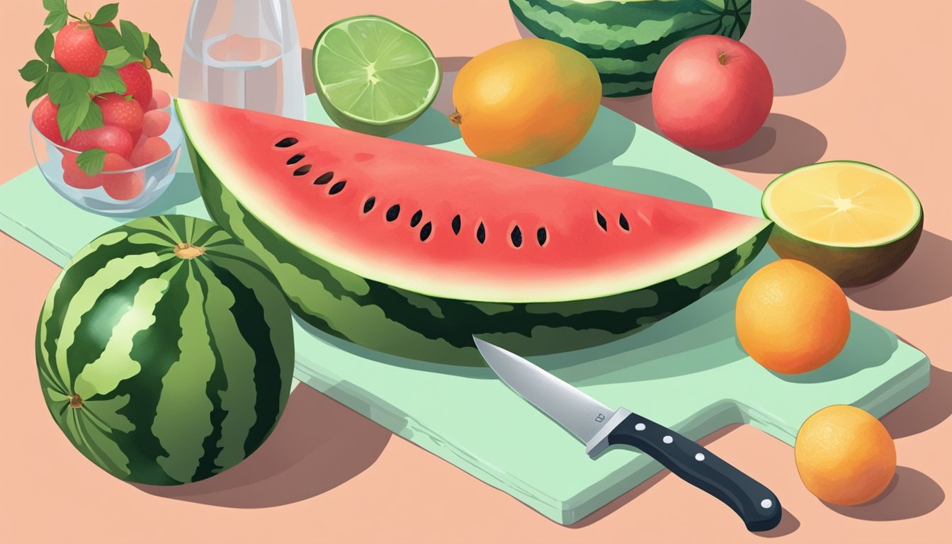 A person cutting into a watermelon with a knife on a clean cutting board, surrounded by fresh fruit and a bottle of water