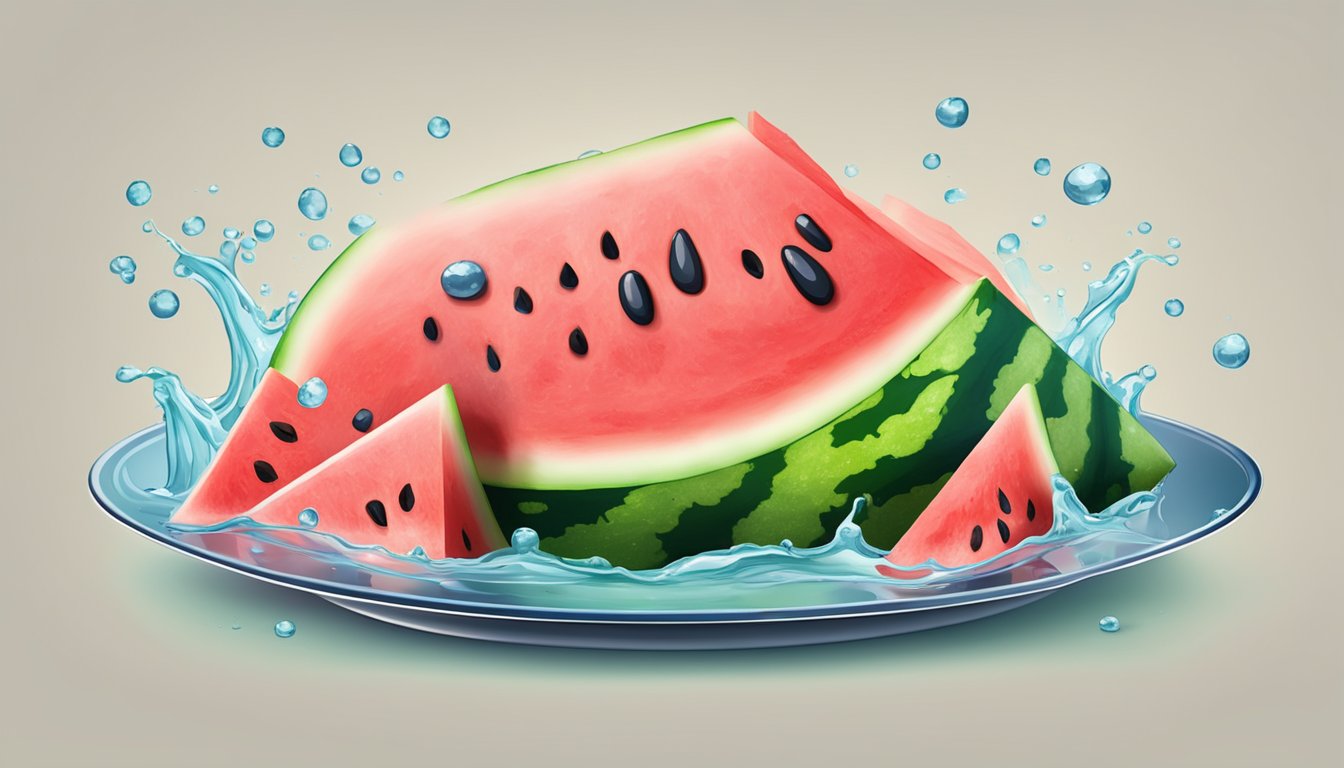 A juicy watermelon slice sits on a plate, surrounded by droplets of water